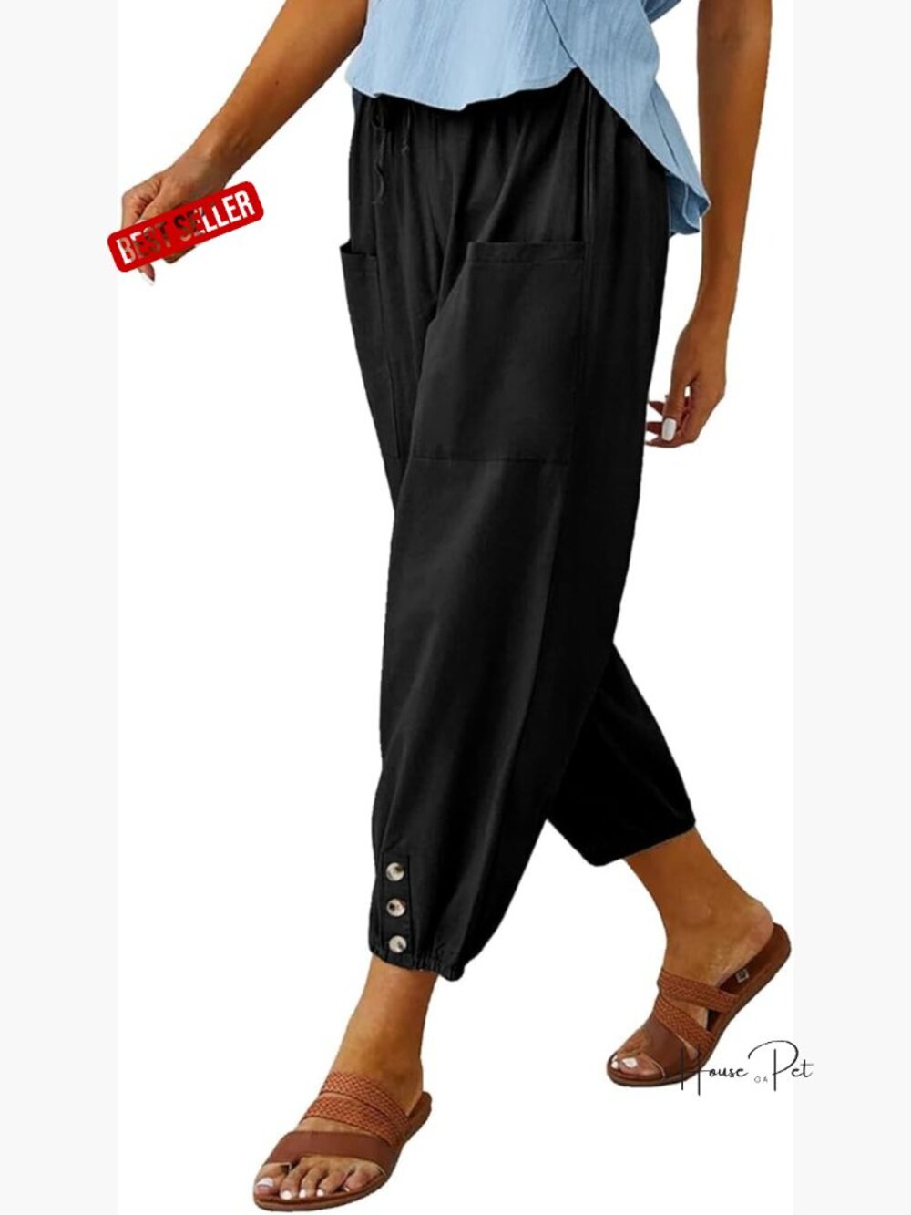 Women's Cotton High Waisted Harem Capri Pants with Pockets